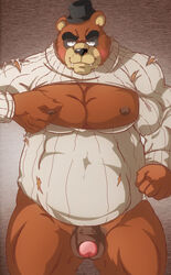 animatronic anthro balls bear biceps blush bottomless chubby clothed clothing five_nights_at_freddy's flaccid freddy_(fnaf) funeral-paws fur furry half-dressed looking_at_viewer machine male male_only mammal mechanical musclegut muscles nipple_pinch nipples open-chest_sweater overweight pecs penis robot shirt solo sweater torn_clothing vein