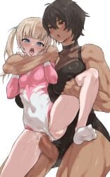 2girls bare_shoulders black_leotard blonde_hair blue_eyes blush breasts brown_hair censored clothed_sex covered_navel dark-skinned_female dark_skin dated_commentary futa_with_female futanari hands_on_another's_thighs height_difference highleg highleg_leotard highres kei_(m_k) large_breasts leotard long_hair m_k mosaic_censoring multiple_girls open_mouth original penis red_eyes rika_(m_k) sex sex_from_behind short_hair simple_background size_difference standing standing_sex sweat tall tall_female tan tomboy vaginal_penetration