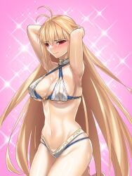 1girls ahoge alternate_version_available archetype_earth arcueid_brunestud arm_behind_head armpits big_breasts bikini bikini_bottom bikini_top blonde_hair blue_notuki blush choker curvy curvy_figure enormous_breasts huge_breasts large_breasts long_hair melty_blood navel red_eyes swimsuit thick_thighs thighs top_heavy tsukihime tummy very_long_hair wide_hips