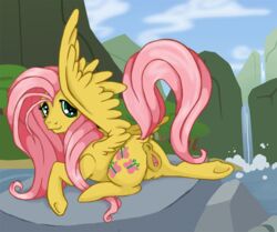 anatomically_correct anatomically_correct_anus anatomically_correct_pussy animal_genitalia animated anus clitoral_winking clitoris crotchboobs cutie_mark equine equine_pussy feathers female feral fluttershy_(mlp) friendship_is_magic fur green_eyes hair hooves krriia looking_at_viewer lying mammal my_little_pony outside pegasus pink_hair puffy_anus pussy solo water waterfall wings yellow_fur