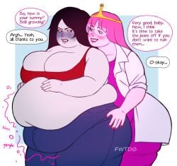 2girls adventure_time bbw blush dialogue female female_only fwtdg huge_belly huge_breasts large_breasts lesbian marceline overweight overweight_female princess_bubblegum text tight_clothing weight_gain yuri