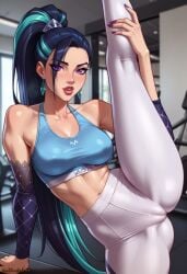 ai_generated bare_shoulders blue_hair blue_nails blush breasts earrings female fingernails hoop_earrings jewelry k/da_all_out_kai'sa k/da_all_out_series kai'sa league_of_legends leg_up long_hair looking_at_viewer nail_polish navel ponytail purple_eyes purple_nails solo standing standing_on_one_leg