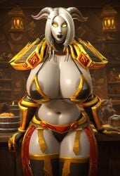 1girls 3d 3d_(artwork) ai_generated big_breasts draenei golden_eyes horn nipple_tweak paladin paladin_(warcraft) solo solo_female standing tektah_(artsyle) white_hair white_skin world_of_warcraft