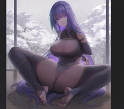 angry angry_face arms_behind_back arms_tied arms_tied_behind_back big_breasts bound_arms cleavage cleavage_cutout cleavage_overflow clothed_female clothing feet feet_in_stockings feet_together foot_focus genshin_impact large_breasts leotard long_hair purple_hair pussy_floss raiden_shogun snow snowing snowy_background thighhigh_socks thighhighs tied_up toes wow+