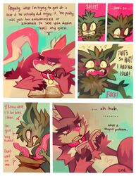 2014 alice_(floraverse) anthro blush book canine claws collar comic dialogue dildo duo feline feline female floraverse fur jacklyn_(floraverse) kemono lying mammal open_mouth purplekecleon red_eyes sex_toy teeth wolf