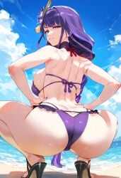 1girls ai_generated ass big_breasts breasts female female_focus female_only genshin_impact hips huge_ass huge_breasts large_breasts long_hair looking_at_viewer mature_female navel purple_eyes purple_hair raiden_shogun swimsuit thick_thighs thighs