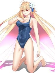 1girls ahoge archetype_earth arcueid_brunestud bare_shoulders barefoot big_breasts blonde_hair blue_notuki blue_swimsuit blush breasts cleavage fate/grand_order fate_(series) flower_in_hair grabbing_own_breast hair_ornament hand_on_breast huge_breasts kneeling large_breasts long_hair one_piece_swimsuit red_eyes shiny_hair swimsuit thick_thighs thighs top_heavy tsukihime tummy very_long_hair wide_hips