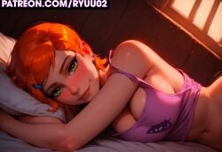 ai_generated ben_10 big_ass big_breasts blush exposed_breasts gwen_tennyson gwen_tennyson_(classic) laying_on_bed looking_at_viewer medium_breasts orange_hair pink_nipples ryuuziken01 short_hair shy tank_top warm_colors