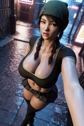 3d abs ai_generated alley alleyway beanie big_ass big_breasts black_hair braided_hair city cleavage crop_top hispanic latina midriff outdoors pleated_skirt radnsad skirt solo solo_female solo_focus tess(oc) thick_thighs twin_braids urban