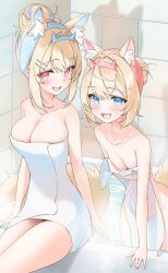 2girls animal_ear_fluff animal_ears animal_humanoid bathroom bathtub blonde_hair blue_eyes blush breast_size_difference breasts_size_difference dog_ears dog_girl dog_tail fuwamoco fuwawa_abyssgard hair_ornament hair_pin hair_streak hololive hololive_english hololive_english_-advent- humanoid indoors light-skinned_female light_skin mococo_abyssgard multicolored_hair pink_eyes sakashita_001 sisters smile steam towel towel_only twins virtual_youtuber vtuber water