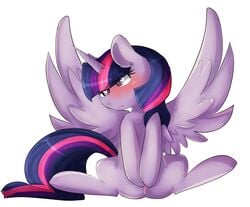 2014 alicorn blush equine feathered_wings female feral friendship_is_magic horn mammal my_little_pony oddends plain_background princess_twilight_sparkle_(mlp) purple_eyes pussy shy solo spread_wings twilight_sparkle_(mlp) white_background wings