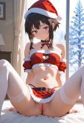 "hellish228" ai_generated blush bottomless choker christmas christmas_headwear christmas_outfit female innie_pussy kono_subarashii_sekai_ni_shukufuku_wo! megumin merry_christmas new_year no_panties pussy red_eyes santa_costume santa_hat shy small_breasts solo solo_female spread_legs thin_waist