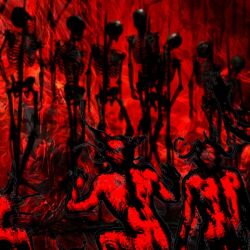 alternate_version_available ambiguous_gender artist_request dark demon demon_horns demons distortion fuzzy horror impaled incomprehensible knee_up multiple_others nude red_theme remains skeleton skeletons skull skulls topless