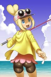 1girls 3ds ass beach bike_shorts blonde_hair clothed_female clothing coraline_(mii_plaza) digital_drawing_(artwork) digital_media_(artwork) fish fishing fishing_rod looking_at_viewer looking_back ocean shorts skirt streetpass_mii_plaza tsuwitchii84