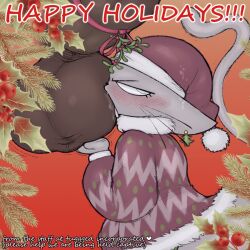 1:1 anthro ball_fondling balls big_balls big_penis blush bodily_fluids brown_body christmas christmas_card christmas_clothing christmas_headwear christmas_sweater christmas_topwear christmas_tree clothing colored digital_drawing_(artwork) digital_media_(artwork) domestic_cat duo ear_piercing ear_ring english_text erection eyelashes felid feline felis fluffy_clothing fondling genital_fluids genitals grey_body happy_holidays hat headgear headwear holidays holly_(plant) huge_balls kissing_balls looking_away male male/male mammal mistletoe open_mouth oral penis piercing plant precum red_clothing ribbon_on_penis ribbons ring_piercing saliva santa_hat simple_background sweater tail teeth text tika tongue topwear tree whiskers zlut385