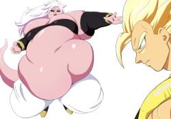 1boy1girl android_21 contrasting_body_types gogeta large_belly muscular_male nikutsuki pink_skin red_eyes ssbbw super_saiyan white_hair