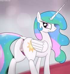 abstract_background alicorn anus ardupi ass clitoral_winking clitoris clothing crotchboobs cutie_mark equine feathers female friendship_is_magic fur hair hooves horn long_hair looking_at_viewer looking_back mammal multicolored_hair my_little_pony nipples panties panties_aside pink_eyes presenting princess_celestia_(mlp) puffy_anus pussy raised_tail rear_view small_crotchboobs smile solo underwear white_fur wings