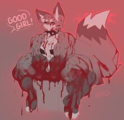 4_toes anthro bb_(starreuges) bell bell_collar black_collar black_pasties blood blood_on_arm blood_on_body blood_on_breast blood_on_ear blood_on_face blood_on_feet blood_on_fur blood_on_hand blood_on_leg blood_on_tail bodily_fluids breasts brown_arms brown_legs canid canine cheek_tuft circle_eyebrows closed_eyes collar countershade_torso countershading covered_in_blood dipstick_tail english_text exclamation_point eyebrows eyelashes facial_tuft feet female female_anthro fluffy fluffy_tail fur good_girl head_tuft hi_res inner_ear_fluff mammal markings multicolored_arms multicolored_ears multicolored_legs multicolored_tail muscular muscular_anthro muscular_female offscreen_character outline pasties pink_text red_background red_outline simple_background smile solo spread_legs spreading starreuges tail tail_markings tail_motion tailwag tan_arms tan_body tan_ears tan_fur tan_legs tan_tail tan_tuft text toes tuft two_tone_arms two_tone_ears two_tone_legs white_body white_breasts white_countershading white_eyebrows white_inner_ear_fluff white_snout white_tail_tip white_toes