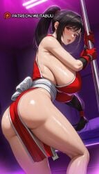 ai_generated ass bare_shoulders black_hair blush breasts female final_fantasy final_fantasy_vii final_fantasy_vii_remake gloves hair_tie high_ponytail holding huge_breasts indoors japanese_clothes large_breasts lips long_hair looking_at_viewer looking_back low-tied_long_hair meitabuu ninja parted_lips pelvic_curtain pole pole_dancing ponytail red_eyes red_gloves red_lips revealing_clothes shiny_skin shiranui_mai sideboob solo stripper stripper_pole sweat thighs tifa_lockhart