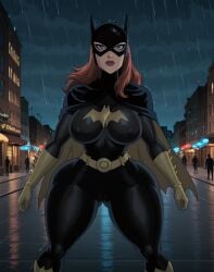 1girls ai_generated barbara_gordon batgirl big_ass big_butt bubble_ass building buildings caked_up dat_ass dc dc_comics huge_ass jay-marvel_(style) lustylewdz masked_female more_at_source pawg people_in_background phat_ass rain raining red_hair red_lipstick solo solo_female superheroine thick_ass utility_belt yellow_gloves