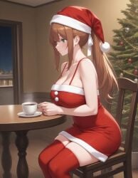 ai_generated christmas christmas_outfit christmas_tree coffee green_eyes large_breasts light-skinned_female monika_(doki_doki_literature_club) ponytail ribbon_in_hair santa_hat short_dress sitting thighhighs