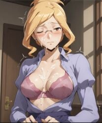 ai_generated blonde_female blonde_hair blushing blushing_female bra cum_dripping_down_chin cum_on_breasts cum_on_face cumshot_on_chest cumshot_on_face embarrassed embarrassed_female erect_nipples exposed_bra glasses henrietta_(log_horizon) log_horizon long_hair matronai_(artist) medium_breasts one_eye_closed posing_for_the_viewer toned toned_female trembling