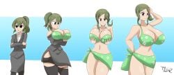 ass_expansion breast_expansion breast_grab business_attire clothing_transformation cupping_breasts green_eyes green_hair igarashi_futaba_(shiromanta) my_senpai_is_annoying pencil_skirt sakurai_touko shiromanta skirt swimsuit thatfreakgivz transformation transformation_sequence