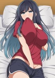 big_breasts blue_eyes blue_hair blush girl kurokawa_akane long_hair oshi_no_ko schoolgirl seductive seductive_look seductive_pose solo solo_female solo_focus