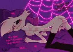 2d_(artwork) angel_dust_(hazbin_hotel) bent_over fingering lowres porn_star precum text