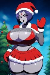 black_lipstick christmas fishnets grey_skin huge_ass huge_breasts lipstick lubbasdump purple_eyes purple_hair raven_(dc) santa_costume santa_hat wide_hips