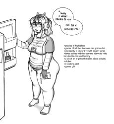 1girls belly belly_button big_ass big_breasts cat_ears chubby chubby_female crumbs cumburger9000 dialogue egirl exposed_midriff freckles fridge glasses headset monochrome neet oc overweight overweight_female phone plump thick_legs thick_thighs weight_gain