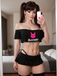 ai_generated bare_shoulders blacked_clothing blizzard_entertainment brown_eyes brown_hair cleavage d.va facial_markings hana_song makeup microskirt mirror mirror_selfie off_shoulder overwatch overwatch_2 selfie selfie_pose skirt stable_diffusion thighhighs thong twintails twintails vooluxx