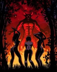 1boy 3girls abs artist_request bob_cut breasts demon demon_horns female fire giant male muscular muscular_male night nude nude_female ponytail red_body red_skin shadow small_breasts standing tree trees