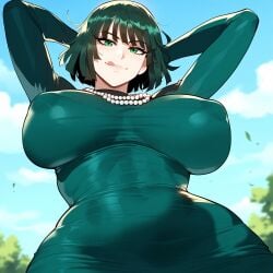 ai_generated artist_request bikini blush breasts dark-skinned_male feet female fubuki_(one-punch_man) green_eyes green_hair huge_breasts juuicyai massive_ass massive_breasts one-punch_man sweat