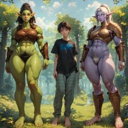 1boy 2girls abs ai_generated armor barefoot blizzard_entertainment elf excessive_pubic_hair fantasy gamer goblinenthusiast green_skin muscular_female night_elf orc outdoors pinup pointy_ears pubic_hair purple_skin self_upload size_difference standing thick_thighs warrior world_of_warcraft