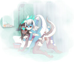 anus bathtub black_fur black_hair blue_fur censored costom10 dragon duo female fur hair kemono pussy red_eyes white_hair wolflong_(character)