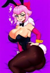 1girls big_ass big_breasts black_leotard black_pantyhose brawl_stars bunny_ears bunny_tail bunnysuit female_only legwear looking_at_viewer lying lying_on_bed melodie_(brawl_stars) pantyhose pink_hair playboy_bunny s0d0w7_(artist) solo solo_female