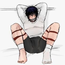 begging black_hair bondage bulge bulge_through_clothing consent cute cute_face feet gagged gags gray_eyes male moles socks submissive_male submissive_top teasing tired