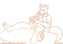 1boy anthro canine erection fox fox_mccloud gun male male_only mammal nintendo omegaro orange_and_white penis ranged_weapon solo star_fox video_games weapon