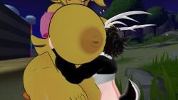 chica_(cally3d) chiku chiku_(cryptia) face_between_breasts fazclaire's_nightclub five_nights_at_freddy's fnaf horny_femboy huge_breasts straight vrchat vrchat_avatar