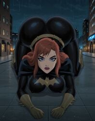 ai_generated barbara_gordon bat_symbol batgirl belt bent_over big_ass blue_eyes boots breasts bubble_ass bubble_butt city dc dc_comics gloves gotham gotham_city lips long_hair lustylewdz more_at_source night nipples orange_hair red_hair skin_tight top-down_bottom-up