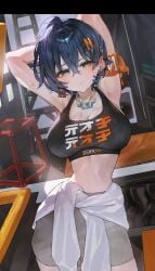 ahoge belle_(zenless_zone_zero) big_breasts black_hair blue_hair bob_cut green_eyes huge_breasts huge_thighs indol navel thighs yellow_eyes zenless_zone_zero