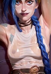 ai_generated armpits arms_up jinx_(league_of_legends) nipples_visible_through_clothing wet_clothes wet_skin