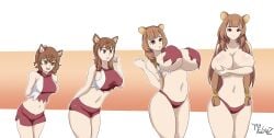 animal_ears ass_expansion breast_expansion brown_eyes brown_hair clothing_damage clothing_destruction covering_breasts dog_ears dungeon_ni_deai_wo_motomeru_no_wa_machigatteiru_darou_ka liliruca_arde long_hair raccoon_ears raphtalia red_panties ripped_clothing thatfreakgivz the_rising_of_the_shield_hero transformation transformation_sequence