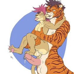 2boys ass cum cum_on_ass duo ear_biting erection feline foot_fetish footjob furry gay humanoid_penis interspecies lion male male_only mammal negger penis piercing simple_background size_difference testicles tiger tongue tongue_out yaoi