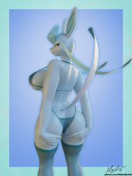 3d_(artwork) anthro ass blender_(artwork) bra breasts clothing digital_media_(artwork) eeveelution female generation_4_pokemon glaceon hi_res hiddenmask18 legwear nintendo panties pokemon pokemon_(species) raised_tail solo spread_butt spreading tail thigh_highs underwear