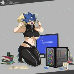 beelstarmon big_breasts blueprint books cup_noodles dclaret digimon digimon_(species) female high_heel_boots humanoid kuramon leather_clothing monitor monster_energy monster_energy_drink pc rgb_lighting