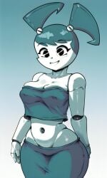 ai_generated black_eyes blue_hair blue_skirt blue_tube_top blush breasts clothed curvy female jenny_wakeman joints looking_at_viewer my_life_as_a_teenage_robot nickelodeon nicktoons pixai robot_girl robot_humanoid simple_background skirt tubetop twintails xj-9