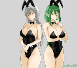 2girls alfia_(danmachi) bunny_costume bunnysuit dungeon_ni_deai_wo_motomeru_no_wa_machigatteiru_darou_ka elf elf_female female_focus female_only green_hair huge_breasts human_female light-skinned_female long_hair mrperezdm riveria_ljos_alf white_hair