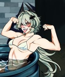 anime anime_girl anime_style bathing bathing_suit breasts caesar_king female flexing flexing_bicep girl green_hair muscle_mommy muscle_waifu muscles underboob zenless_zone_zero zzz